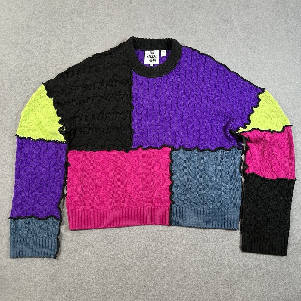The Ragged Priest Crush Sweater Womens XS Black Purple‎ Patchwork Knit Jumper